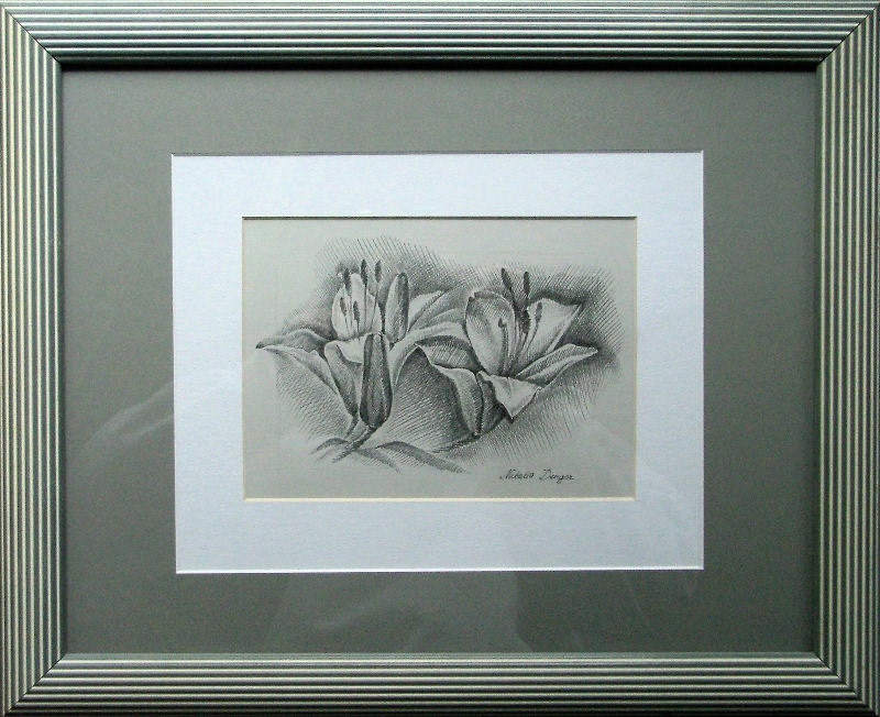 Original Drawing, Lily, Flowers, Black and White Lilies, Woman, Gift, Mother's Day, Birthday Gift, Anniversary Gift, Gray Frame