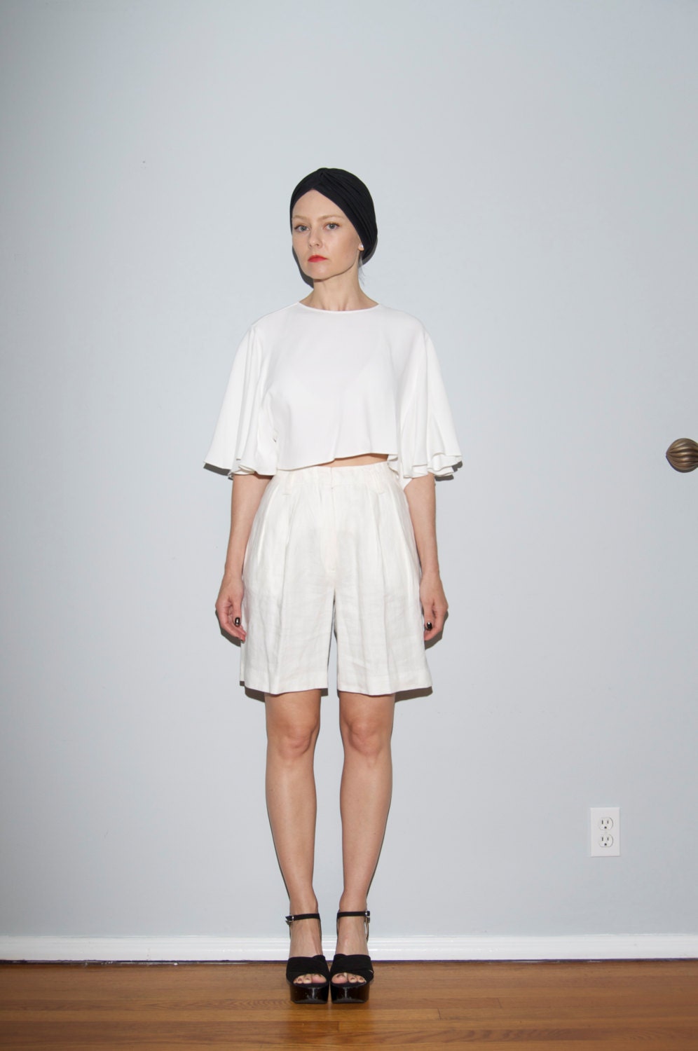 White Linen High Waist Mom Shorts