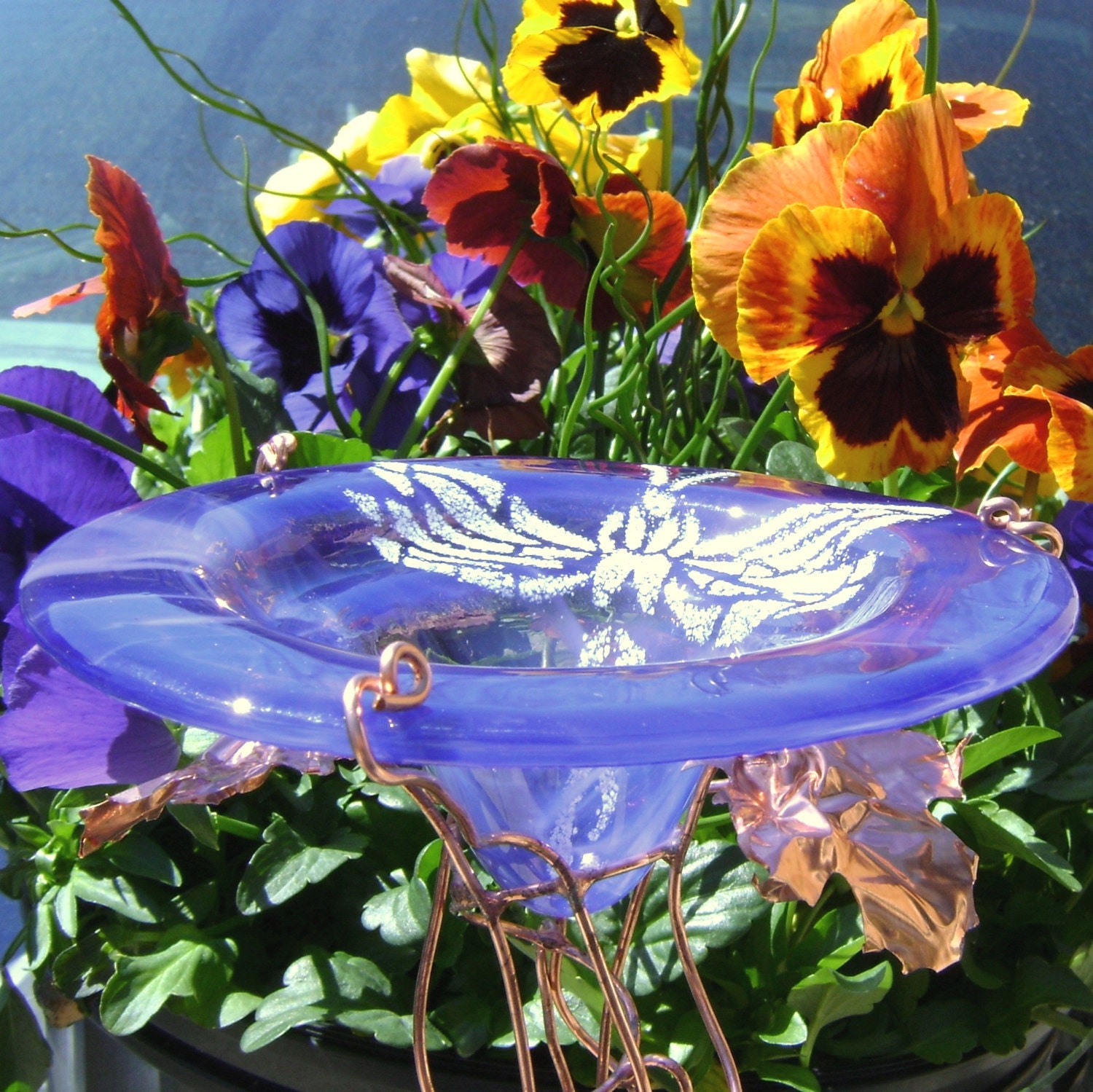 Glass GARDEN STAKE, Dragonfly, BUTTERFLY Feeder, Bird Feeder, smoky violet, stained glass, copper