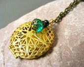 Black Friday Golden locket necklace beadwork bib necklace,strand statement, shabby chic pendant eco charm happiness teal emerald boho