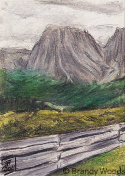 Mountain & Fence Landscape 2-piece SFA original ACEO art colored pencil drawing Brandy Woods