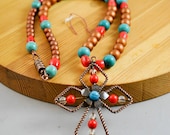 Cross Necklace, Blue and Red Beaded
