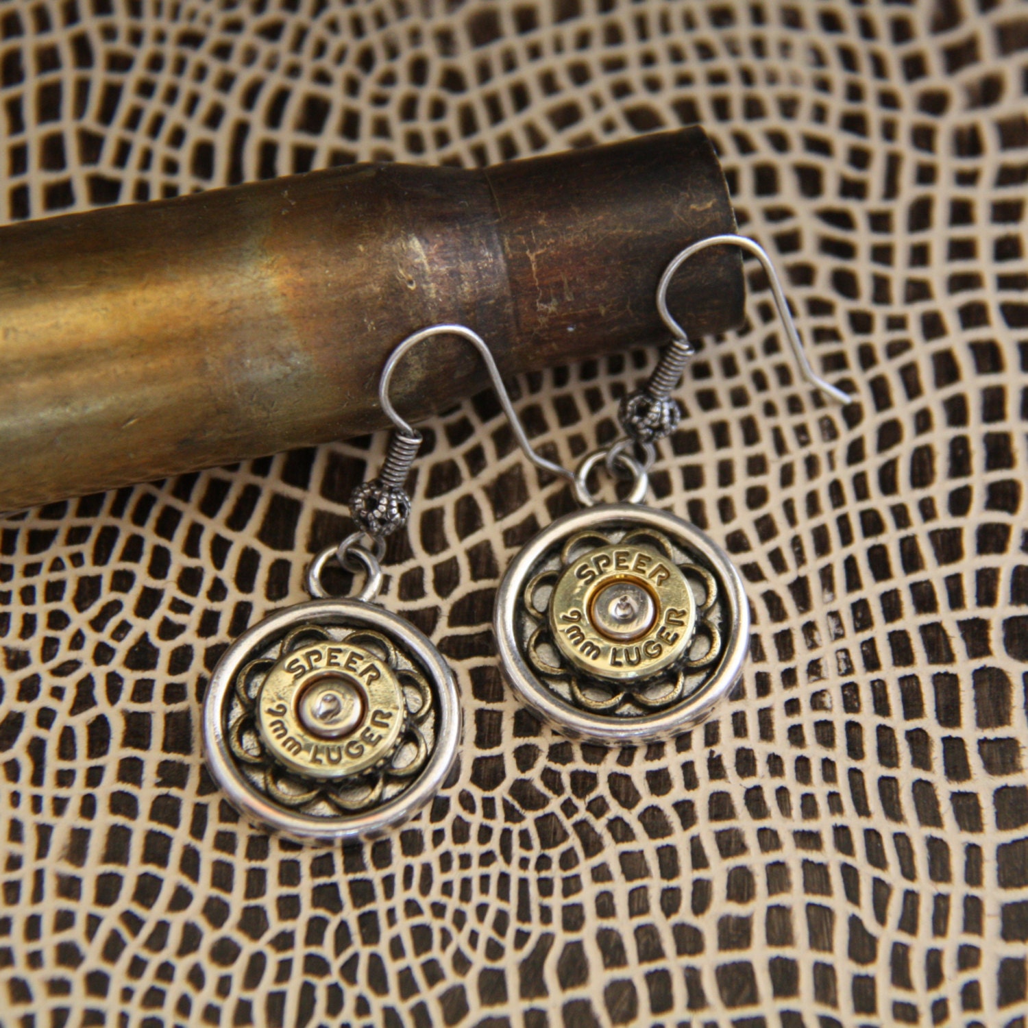 Bullet Casing Jewelry-Speer 9mm Luger-Mixed Metals -Dangle Earrings-Brass Spent Casings-Caliber Jewelry