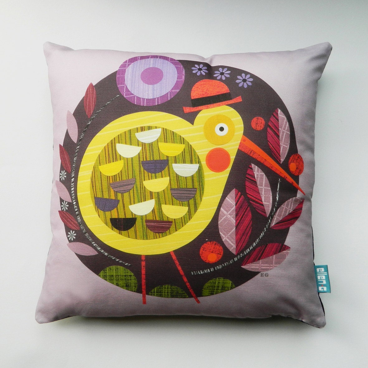 purple, yellow, bird, digital print, illustration, pillow, cushion, cover