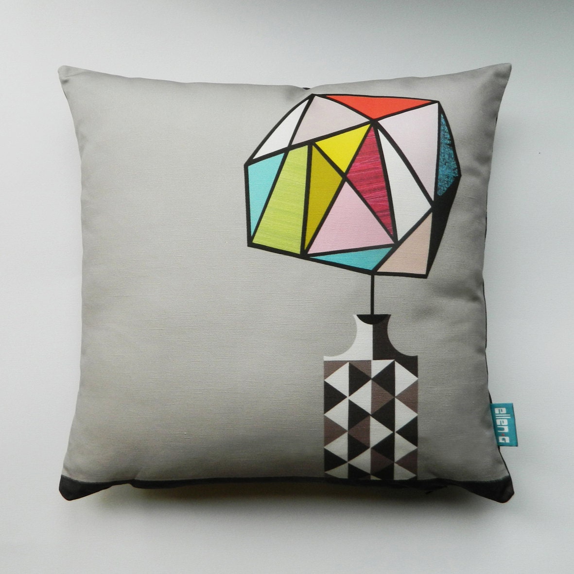 natural, grey, brown, ,mid century, retro, vase and flowers, digital print, pillow, cushion