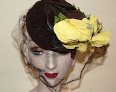 Vintage Late 30s Brown & Chartreuse Tilt Hat Doll Hat With Veil