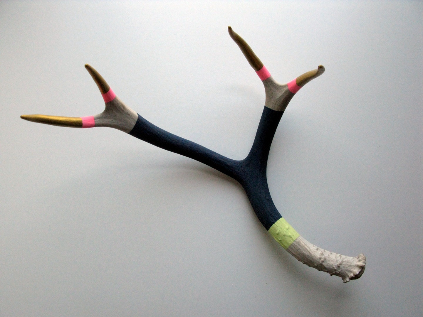 Gold, Pink, Navy & Lemonade Striped Painted Mule Deer Antler - Large