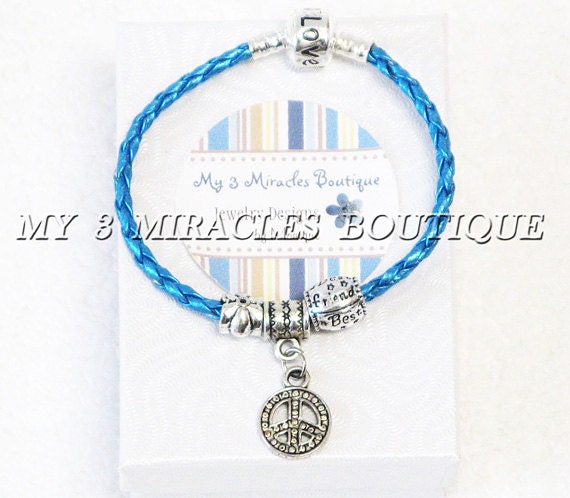 Girls Best Friend European Style Charm Bracelet Peace Sign Braided Woven Turquoise Blue Leather Love Beads Silver Friendship Christmas Gift