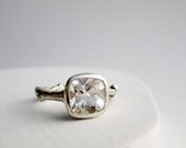 White Topaz Silver Twig Ring, Square 8 x 8mm Engagement Ring