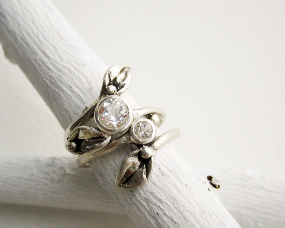 Set of 2 Rings, Silver Leaf Ring with 5mm & 3mm White Topaz, Engagement Rings