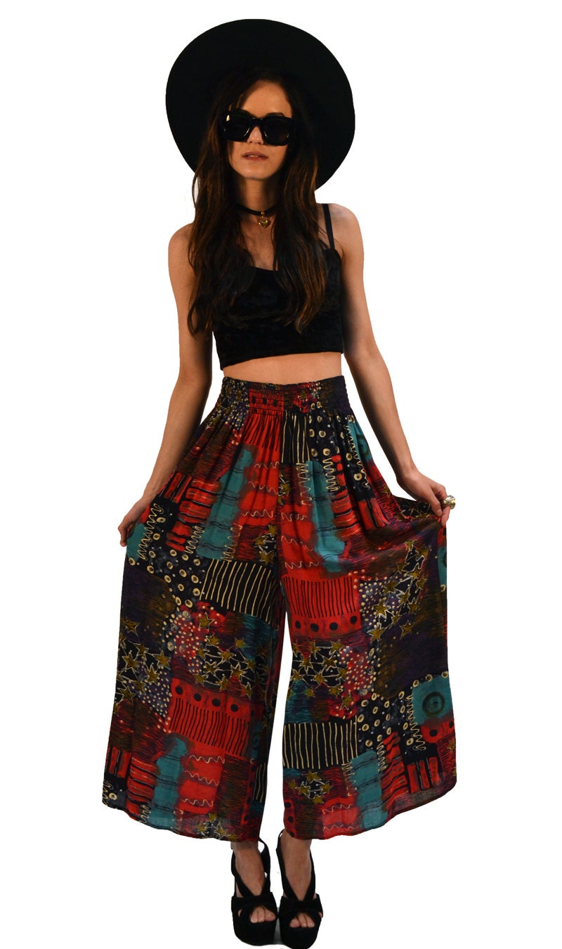 Vintage 90s Star Polka Dot Printed Palazzo Gauchos Pants