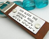 Personalized Leather Keychain - Hand Stamped Keychain - Personalized Longitude Latitude - Men's Keychain  Gift for Dad