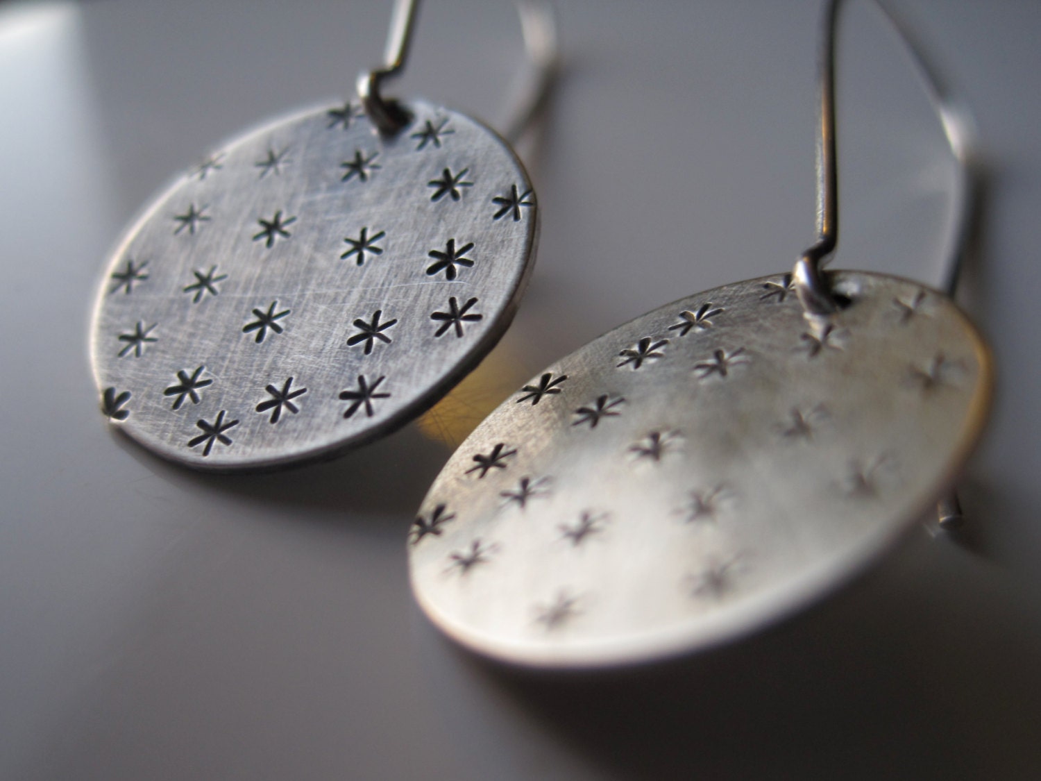 Sterling Silver Hand Stamped Metal Circle Drop Dangle Earrings