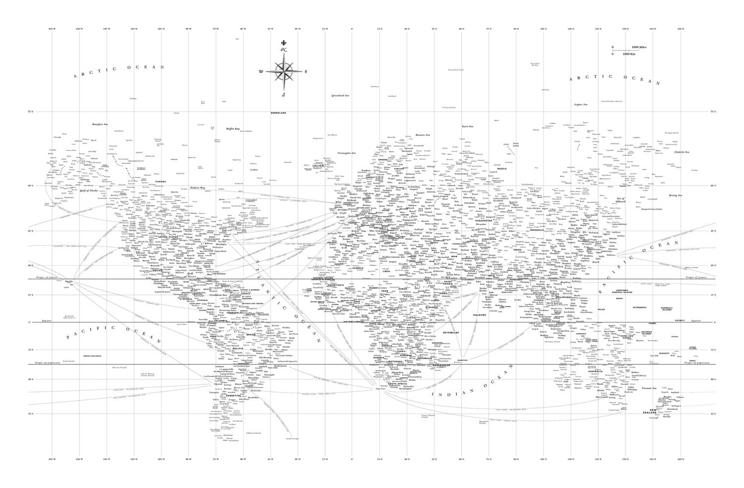 38" x 58" Typographic World Map Wall Print