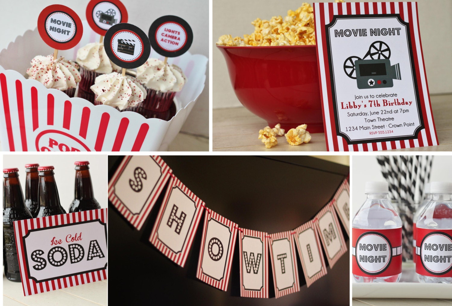 Movie Night Party Printable Entire Set - invitations, bottle wraps, tags, toppers, Candy Wrappers, banner, signs Il_170x135