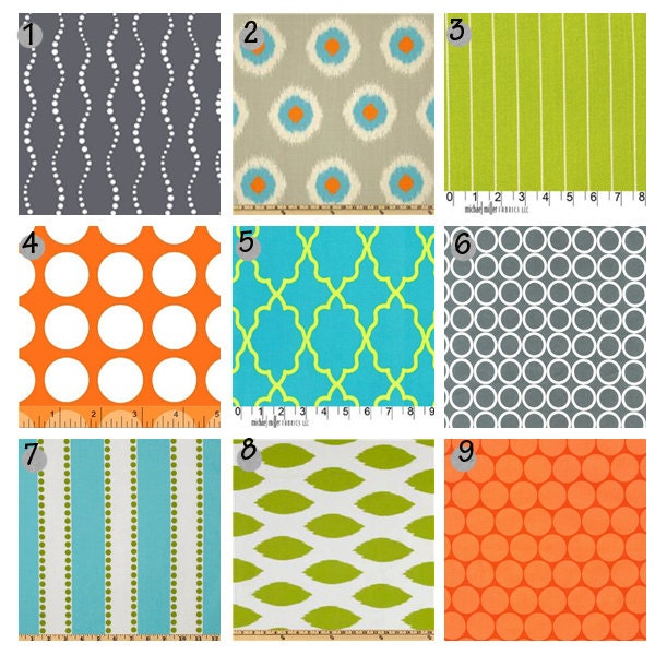 Custom crib baby bedding - Aqua, Orange, Lime Green and Grey 2