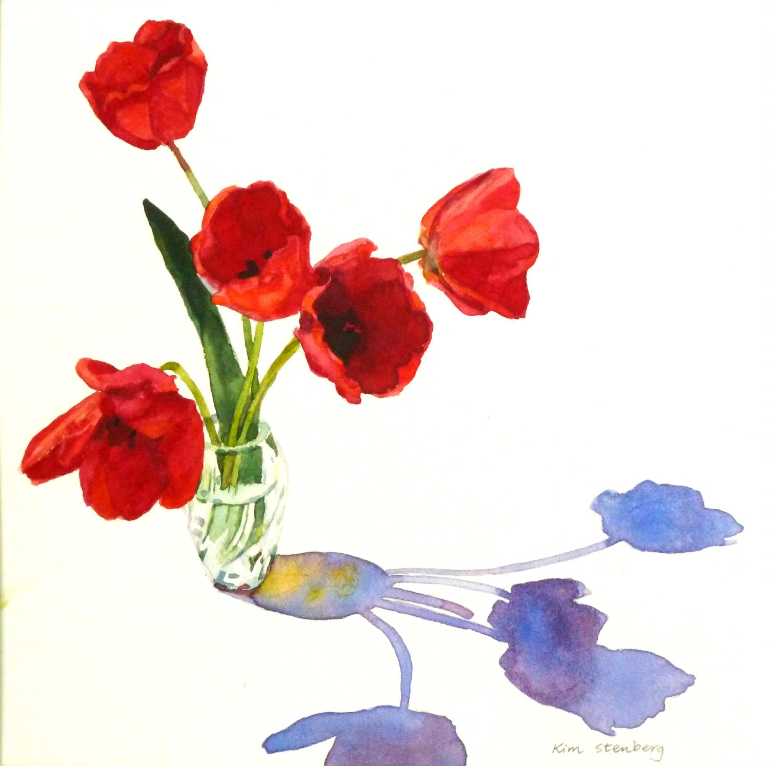 Red Tulip Passion Spring Garden Flower Original Watercolor Floral Still Life Painting Wall Art