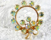 Vintage Rhinestone Brooch Pin, Peacock Blue Green Aurora Borealis Crystal, Flower Wreath, Gold Tone Circle, 1950s Mad Men Jewelry