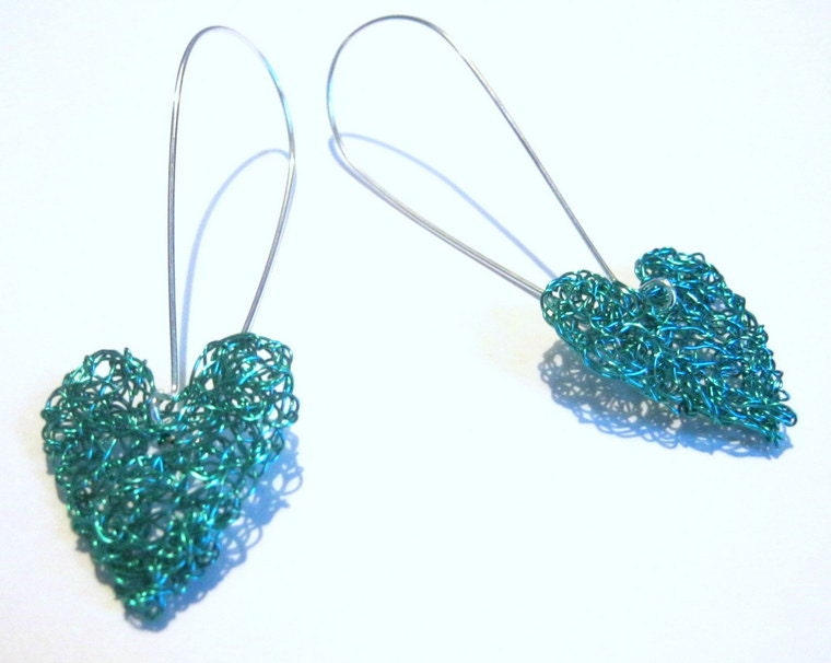Knitted Heart Earrings, Turquoise Wire Knit Dangle Earrings