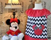 Black and White Chevron Minnie Mouse Ruffled Neck Dress with Applique