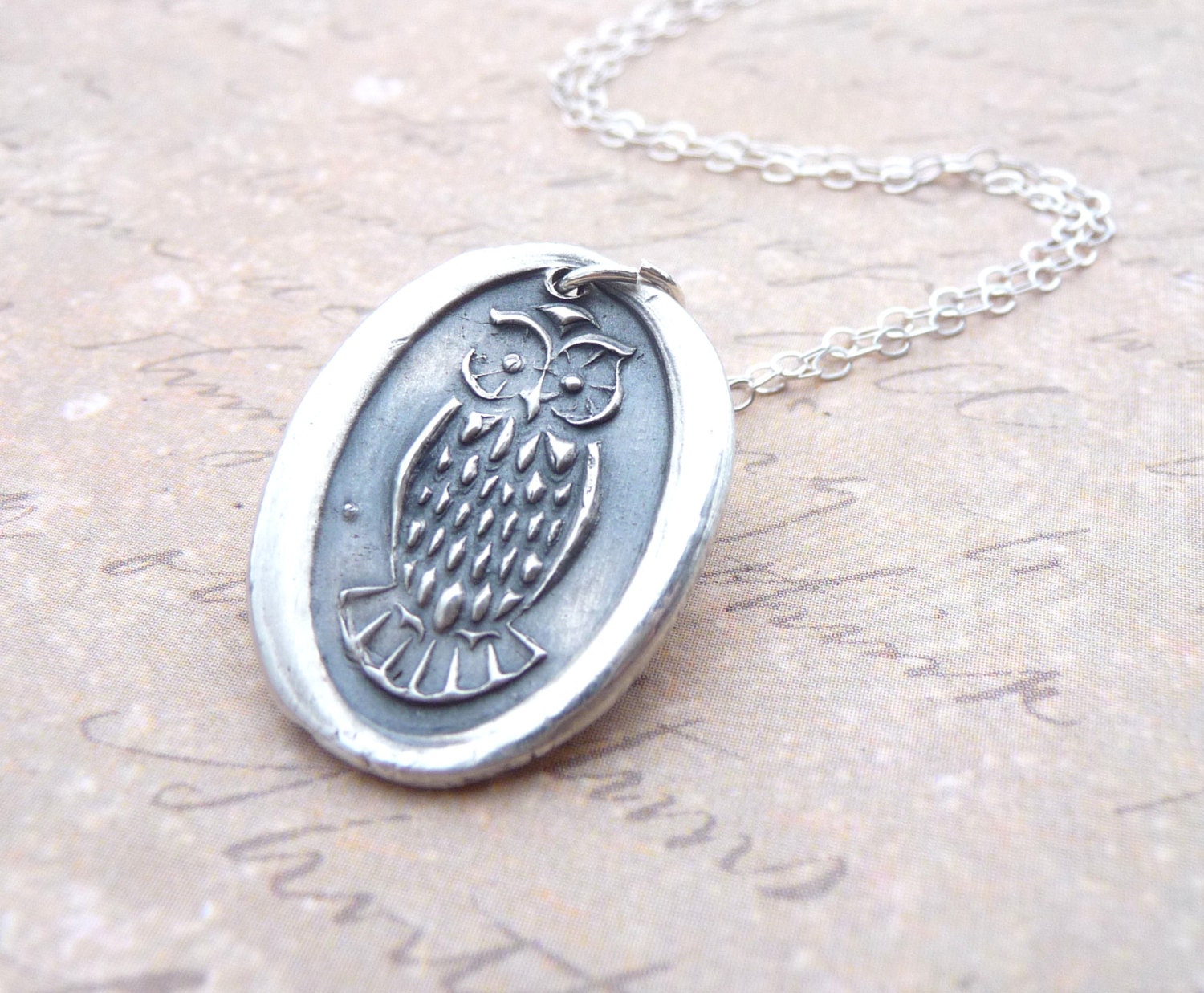 Owl wax seal necklace hand stamped from recycled reclaimed fine silver custom made to order