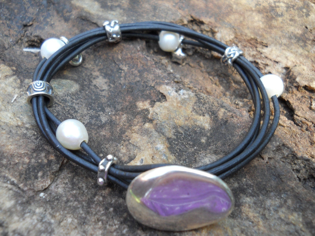 Sterling Silver Black Leather Charm Bracelet with Freshwater Pearls