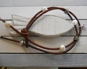 Sterling Silver Beaded Charm Rustic Brown Leather Bracelet and White Freshwater Pearl