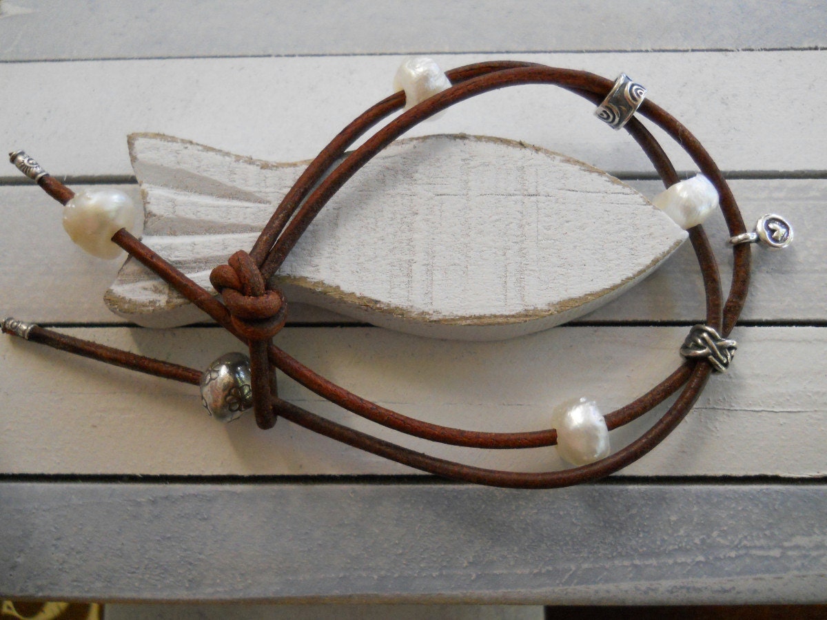 Sterling Silver Beaded Charm Rustic Brown Leather Bracelet and White Freshwater Pearl