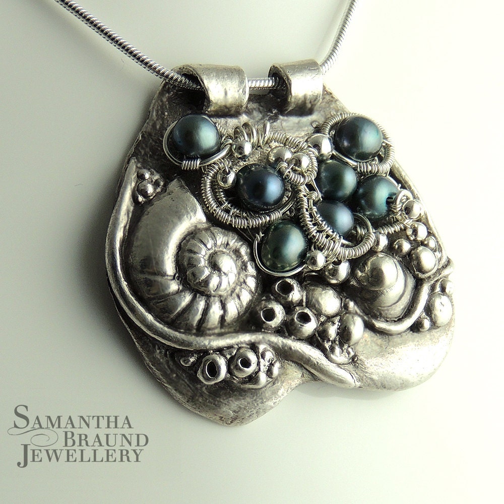 Turquoise Blue Freshwater Pearl, Fine Silver, Sterling Silver, Barnacle Necklace, OOAK