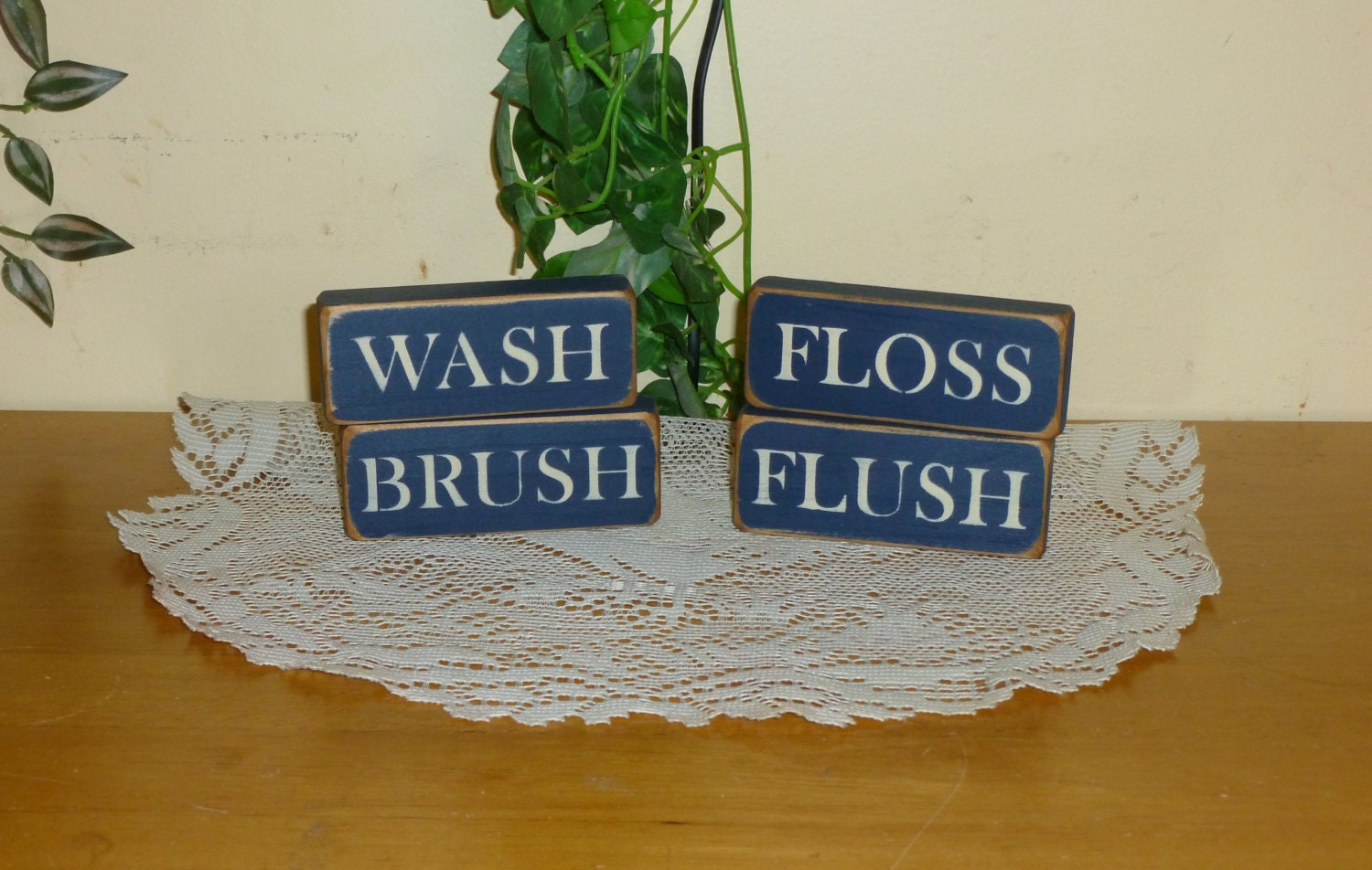 Primitive mini wood blocks "Wash" "Brush" "Floss" "Flush" - your color choice - bathroom sign sitter