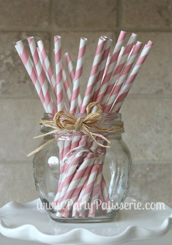 25 Soft Pink and White Striped Paper Party Straws