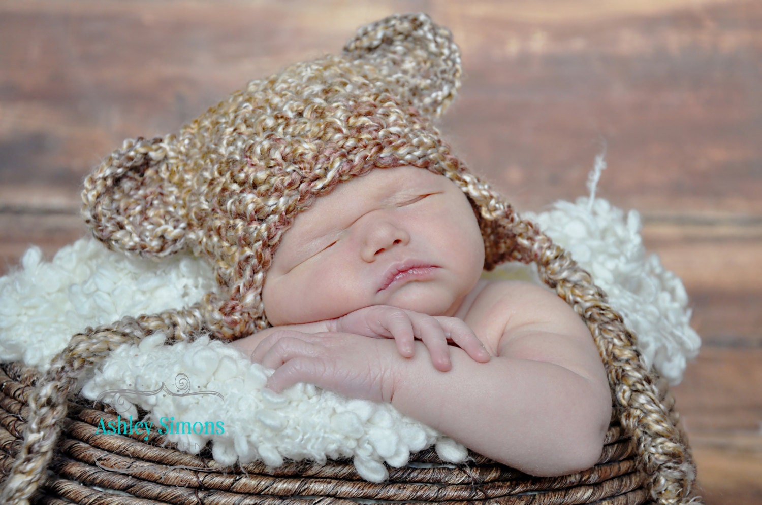 Newborn Teddy bear earflap baby beanie hat ANY COLOR, char inside (sizes nb, 1-3mos, 3-6mos, 6-12mos)