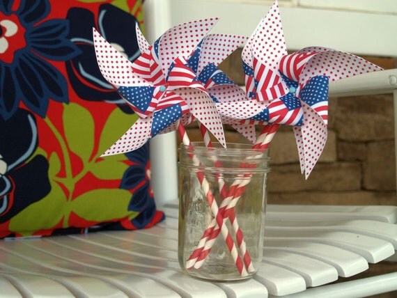 SALE Patriotic American Flag Red, White and Blue Paper Pinwheels Paper Straws Set of 4 Il_570xn
