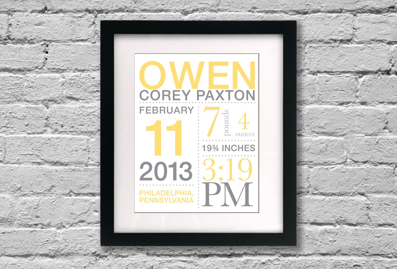 Birth Announcement Wall Art with Baby's Stats: You choose colors - 11x14 inches