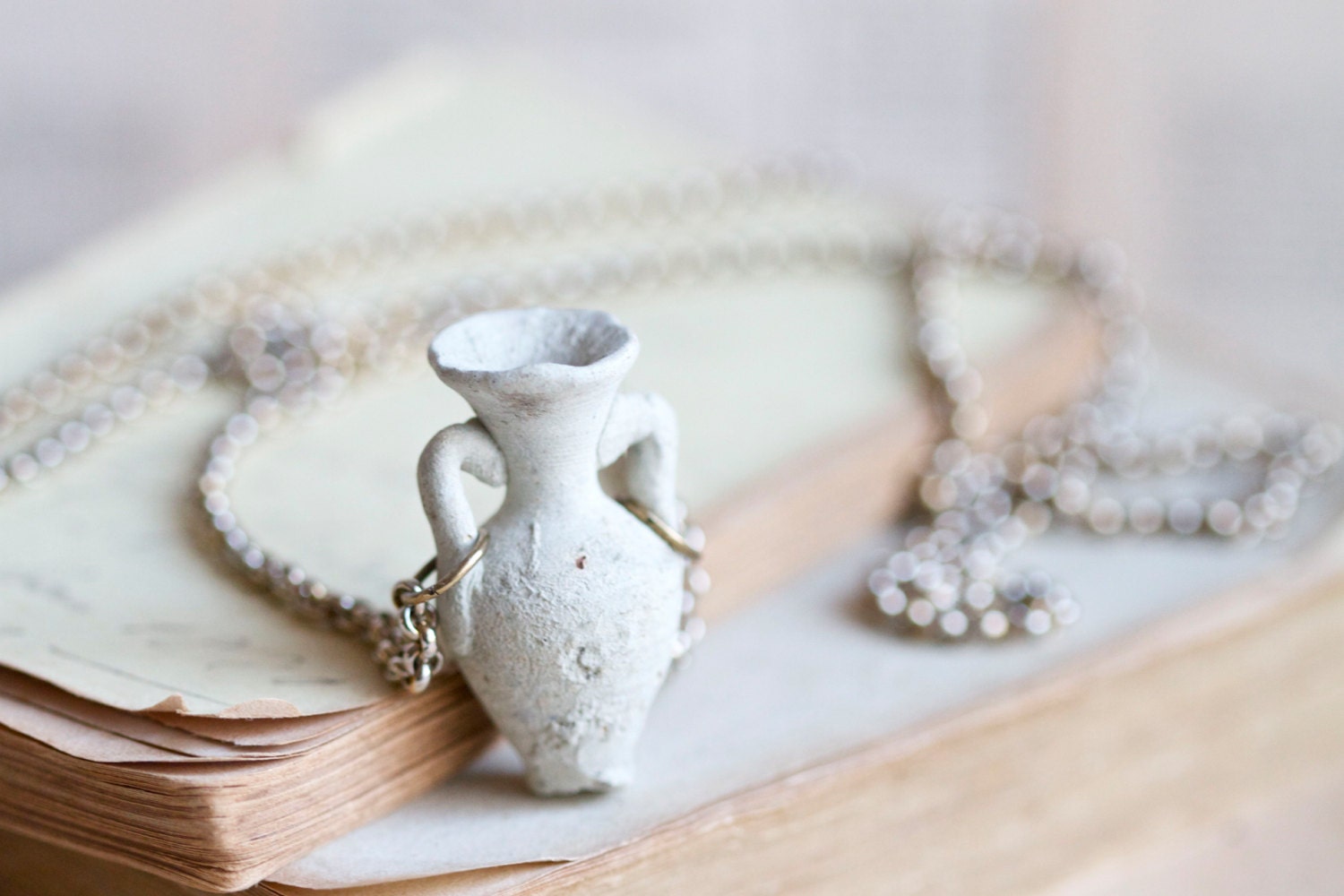 Tiny Weenie White Primitive Ceramic Vase  Necklace - Re Purposed Jewelry
