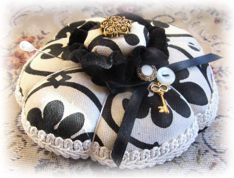 Handmade Pincushion Soft Sculpture BLACK and IVORY Double Handcrafted CharlotteStyle Needlecraft