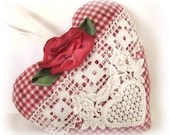 Sachet Heart, Country Cottage Chic, RED CHECK, Lavender Buds, Prim Primitive Cloth Handmade CharlotteStyle Decorative Folk Art