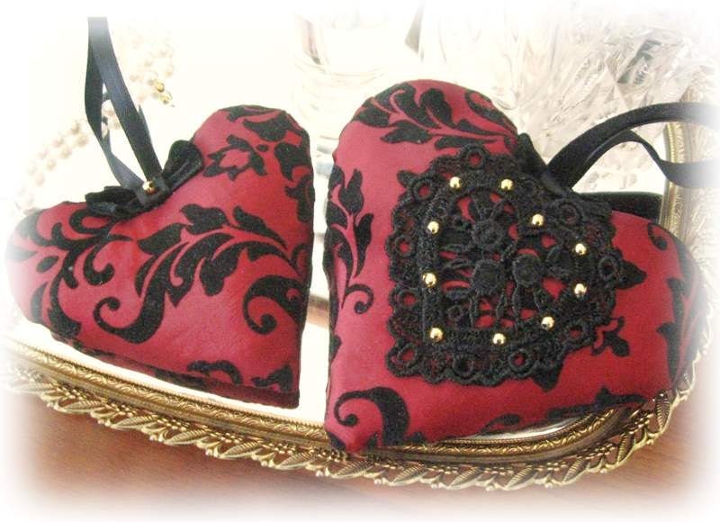 GIFT SET, Sachet Heart and Heart Ornament, Flocked Taffeta, Lavender Buds, Handmade CharlotteStyle Decorative Folk Art
