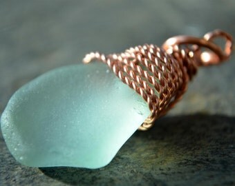 Sea foam sea glass pendant, twisted copper wire wrapped, flawless Hawaiian sea glass