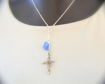 Sea glass and cross necklace/pendant with cornflower blue sea glass, religious, rose cross