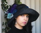 Black wide brim ladies summer hat with purple feathers made in Israel - Ascot hat - Black ladies Derby hat - Sun hat