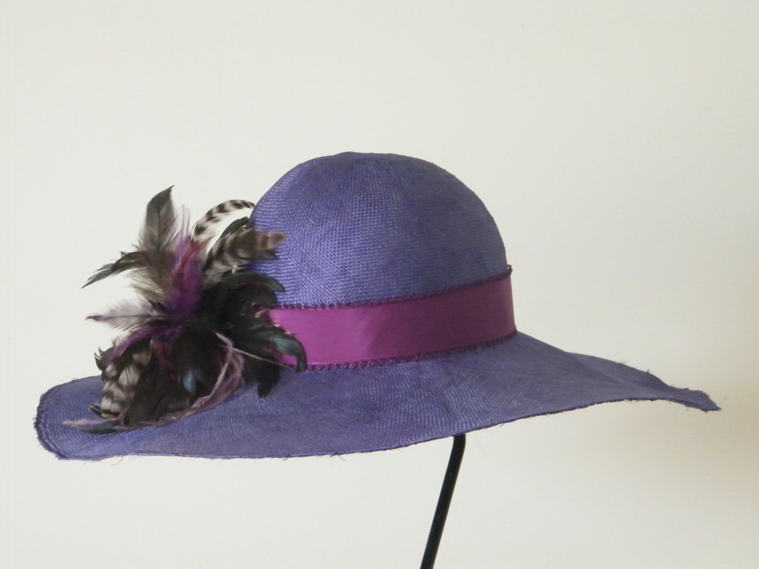 Royal blue/Purple straw wide brim  summer sun hat for women - Ascot Derby hat handmade Haute Couture dress hat