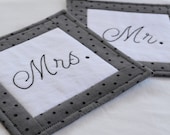 Mr. and Mrs. Wedding Coasters - Mug Rug - Home Decor - Gray - Polka Dots - Hand Stitched - Black