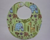 Baby Bibs, four soft layers, reversible, lime green, blue elephant, yellow giraffe, dancing monkey