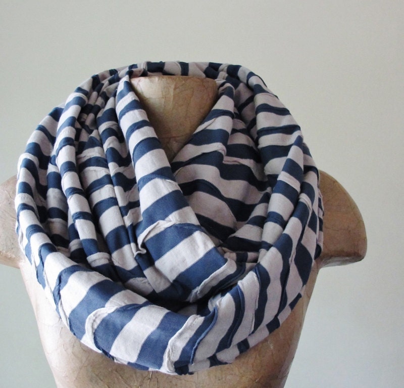 Infinity Scarf - Draped Tan and Slate Blue Stripes - Gathered Loop Scarf - Neutral, Nautical Circle Scarf