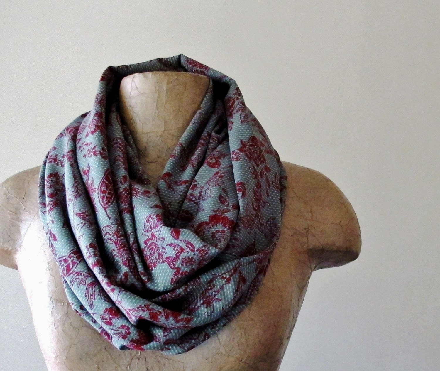 My Victorian Heart - Infinity Scarf with Floral Pattern Motif - Handmade Oxblood Red, Sage Gray Loop Scarf - Vintage Inspired