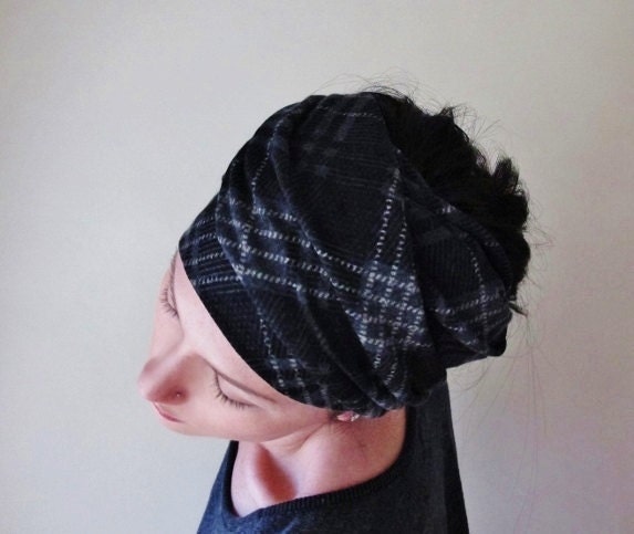 Plaid Head Scarf - Black and Grey Headband, Hair wrap - Checkered Scarf - Womens Hair accessories