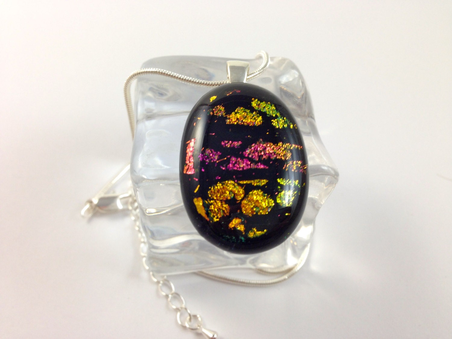 Fused Glass Black Gold Pink Coral Dichroic  Necklace  Statement Jewelry 76