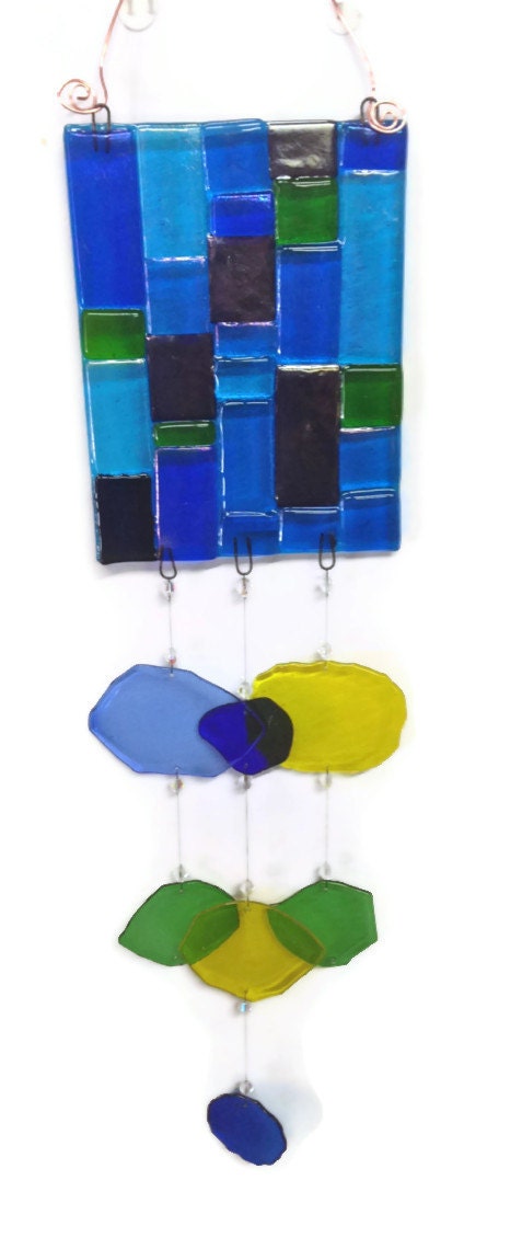 Fused Glass Blue Mosaic Wind Chime Sun Catcher