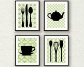 Modern Kitchen Wall Decor - Utensils, Teapot, Teacup Silhouette - Set of 4 8x10 prints